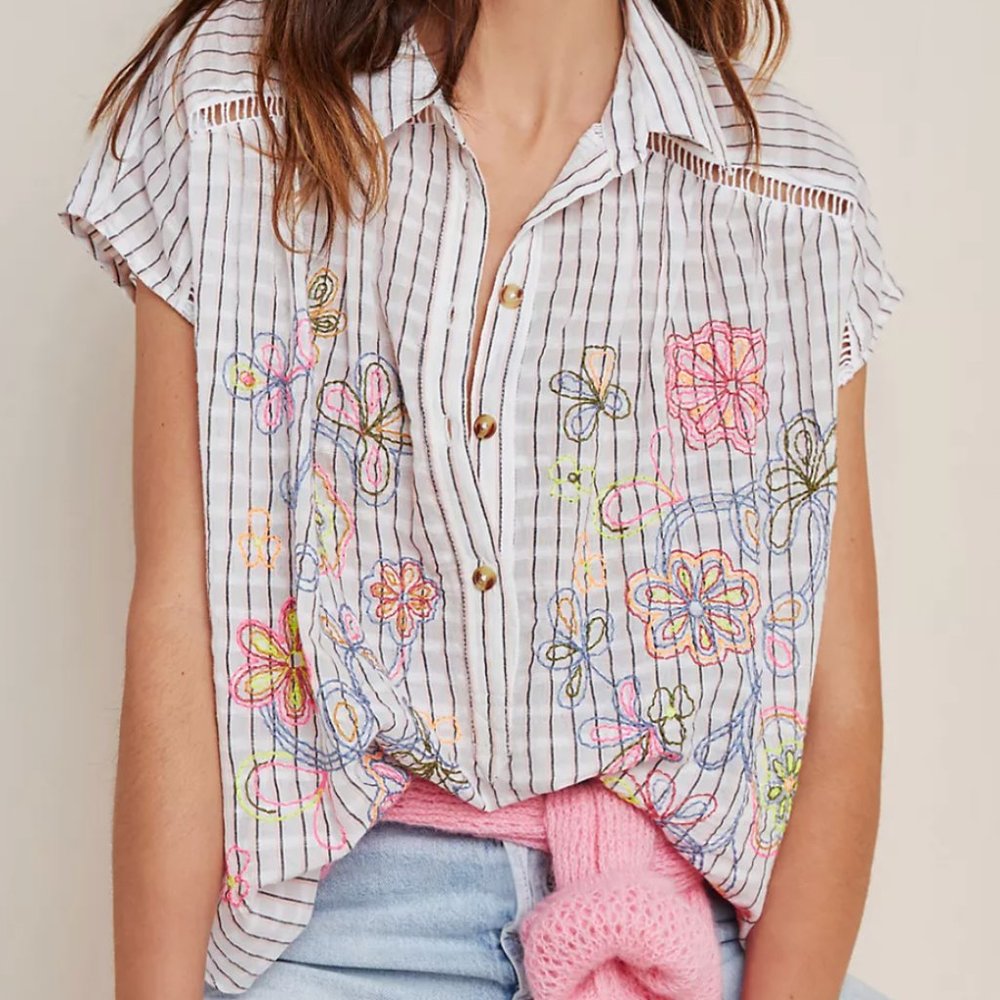 Anthropologie Pilcro serena surf henley blouse floral embroidered collared XS